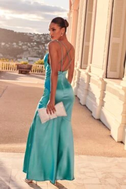 Aqua Satin Cross Back Maxi Dress -Glamourista 00100035943 XB