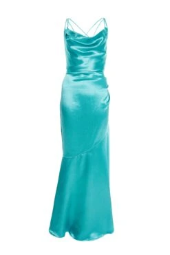Aqua Satin Cross Back Maxi Dress