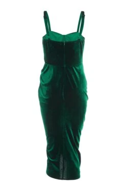 Bottle Green Velvet Ruched Midi Dress -Glamourista 00100036001 ZB