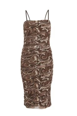 Brown Marble Print Mesh Bodycon Midi Dress