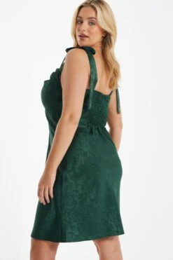 Curve Bottle Green Satin Jacquard Floral Dress -Glamourista 00100036016 XB