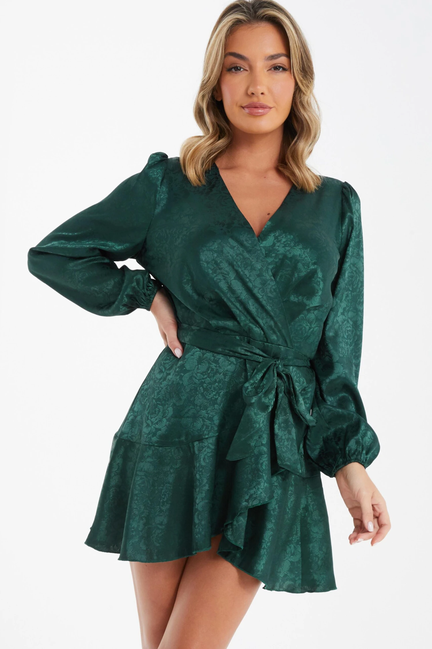 Bottle Green Satin Jacquard Floral Mini Dress 2 Bottle Green Satin Jacquard Floral Mini Dress - Image 2