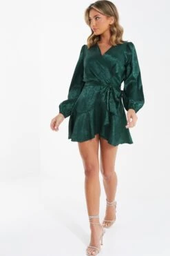 Bottle Green Satin Jacquard Floral Mini Dress 9 Bottle Green Satin Jacquard Floral Mini Dress -Glamourista 00100036024 XS