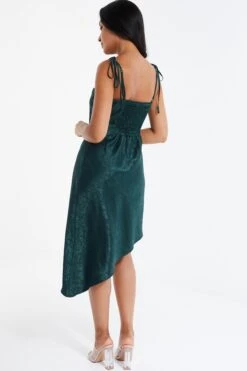 Petite Bottle Green Satin Jacquard Floral Midi Dress -Glamourista 00100036027 XB
