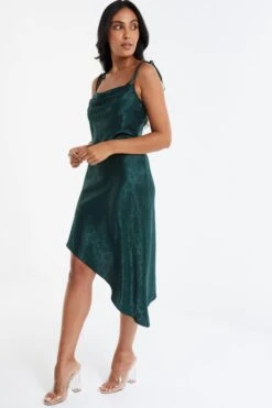 Petite Bottle Green Satin Jacquard Floral Midi Dress -Glamourista 00100036027 XS