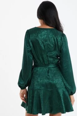 Petite Bottle Green Satin Jacquard Floral Mini Dress -Glamourista 00100036028 XB