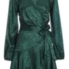 Petite Bottle Green Satin Jacquard Floral Mini Dress