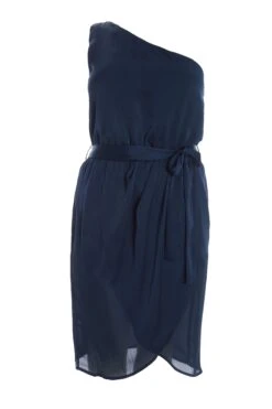 Curve Navy Satin One Shoulder Midi Dress