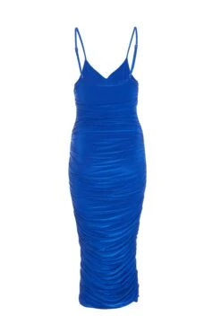 Royal Blue Ruched V Neck Bodycon Midi Dress -Glamourista 00100036038 ZB