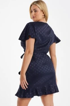 Curve Navy Satin Polka Dot Wrap Dress -Glamourista 00100036061 XB