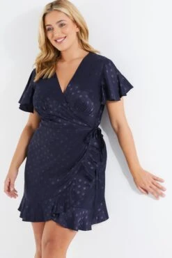 Curve Navy Satin Polka Dot Wrap Dress -Glamourista 00100036061 XM