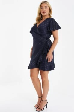 Curve Navy Satin Polka Dot Wrap Dress -Glamourista 00100036061 XS