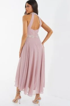 Pink Embellished Chiffon High Neck Midaxi Dress -Glamourista 00100036088 XB