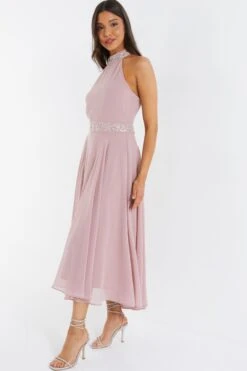 Pink Embellished Chiffon High Neck Midaxi Dress -Glamourista 00100036088 XS