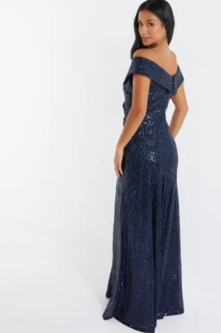 Petite Navy Sequin Ruched Maxi Dress 8 Petite Navy Sequin Ruched Maxi Dress -Glamourista 00100036118 XB