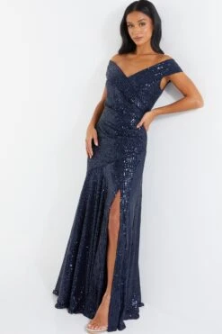 Petite Navy Sequin Ruched Maxi Dress 9 Petite Navy Sequin Ruched Maxi Dress -Glamourista 00100036118 XS