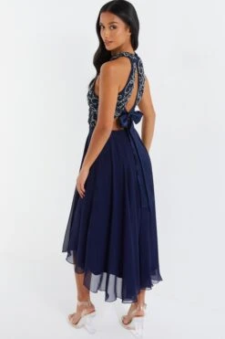 Petite Navy Sequin Chiffon Halter Neck Midi Dress -Glamourista 00100036126 XB