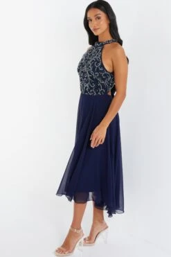 Petite Navy Sequin Chiffon Halter Neck Midi Dress -Glamourista 00100036126 XS