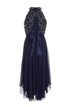 Petite Navy Sequin Chiffon Halter Neck Midi Dress -Glamourista 00100036126 ZB