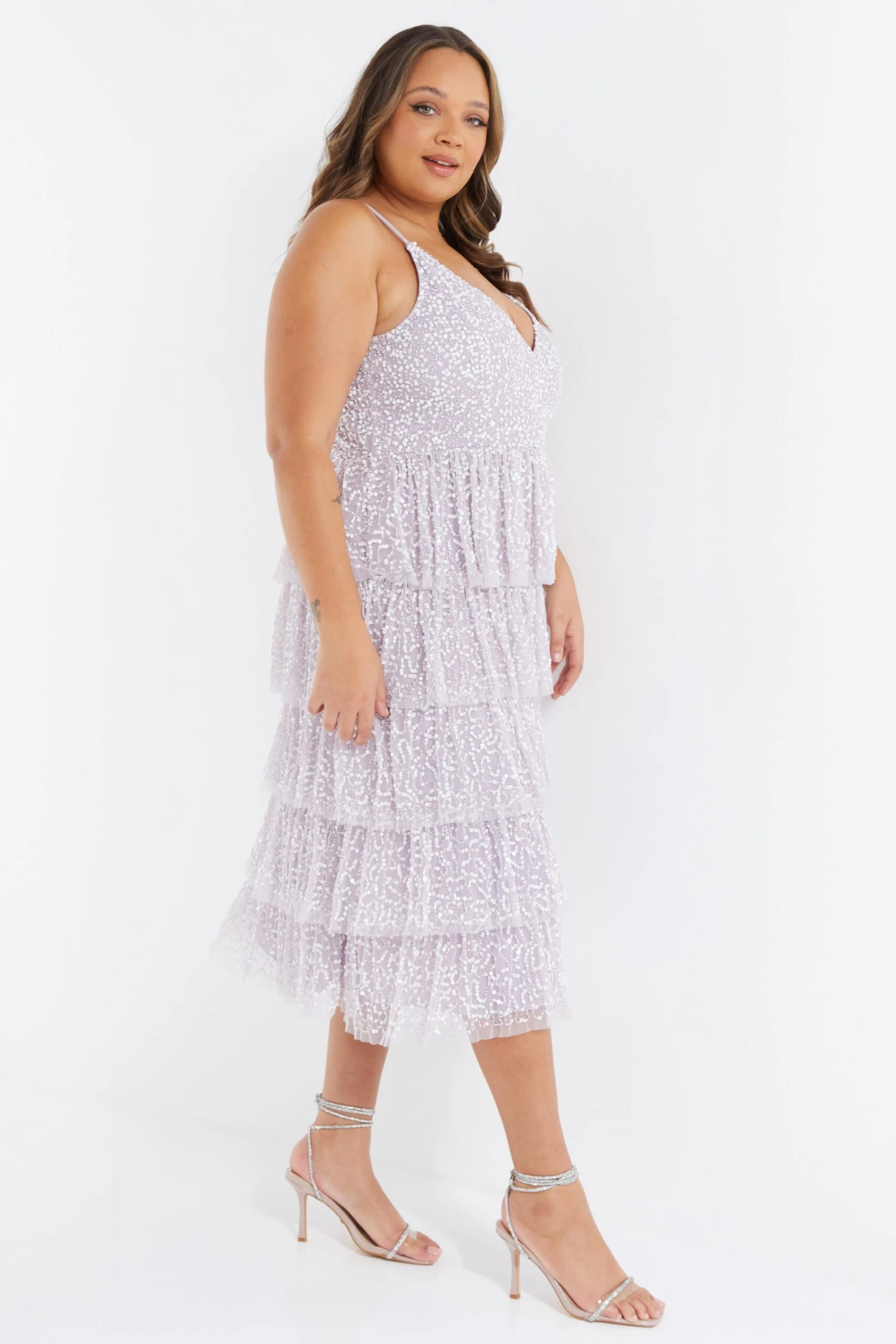 Curve Lilac Sequin Tiered Midi Dress 4 Curve Lilac Sequin Tiered Midi Dress - Image 4