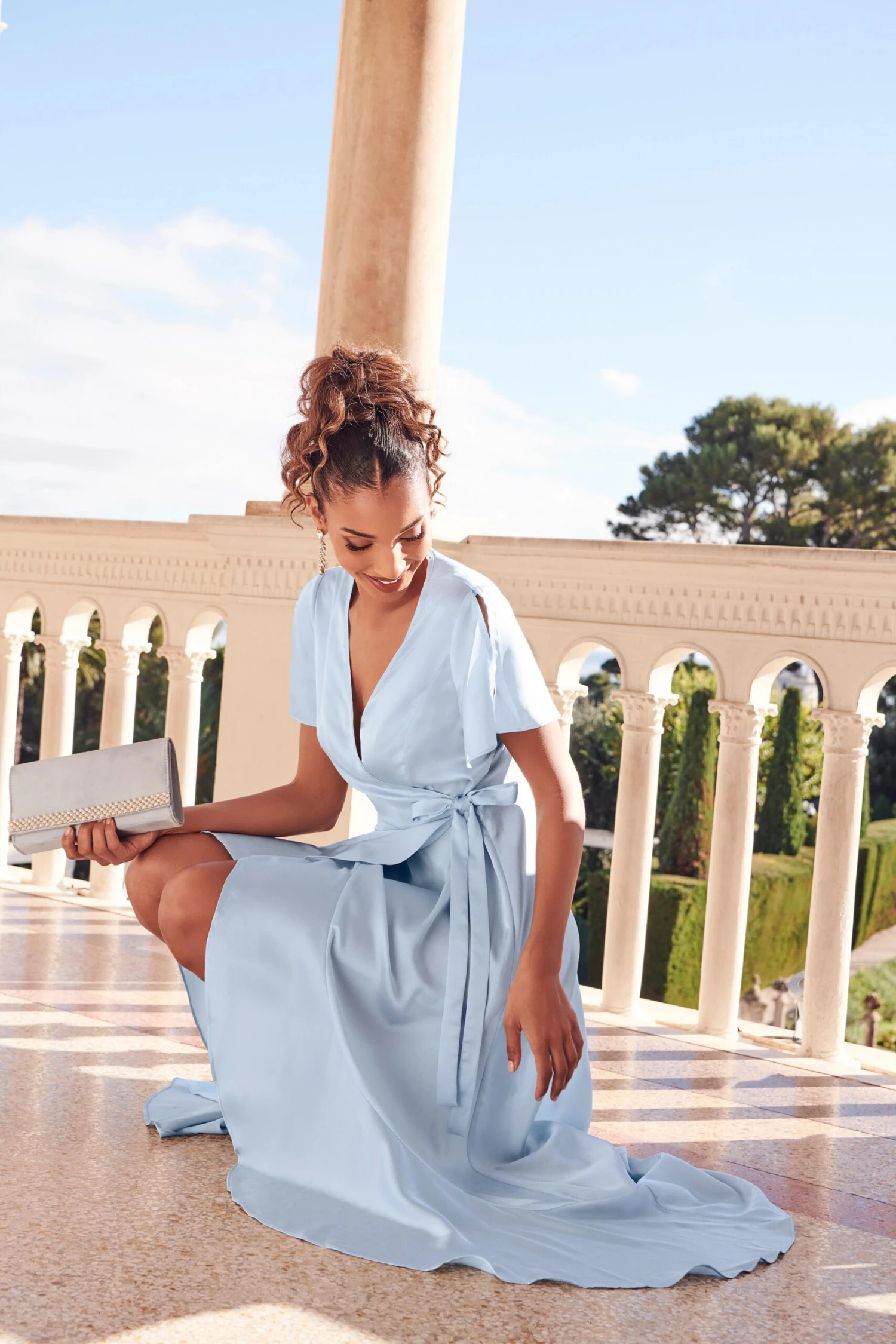 Light Blue Satin Wrap Maxi Dress 3 Light Blue Satin Wrap Maxi Dress - Image 3