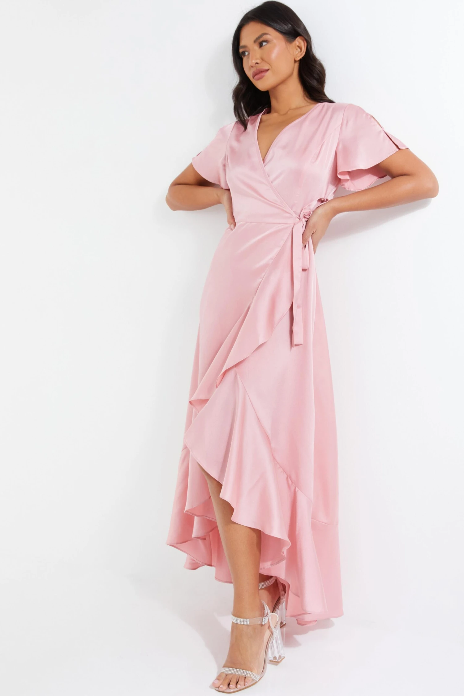 Pink Satin Wrap Maxi Dress 2 Pink Satin Wrap Maxi Dress - Image 2