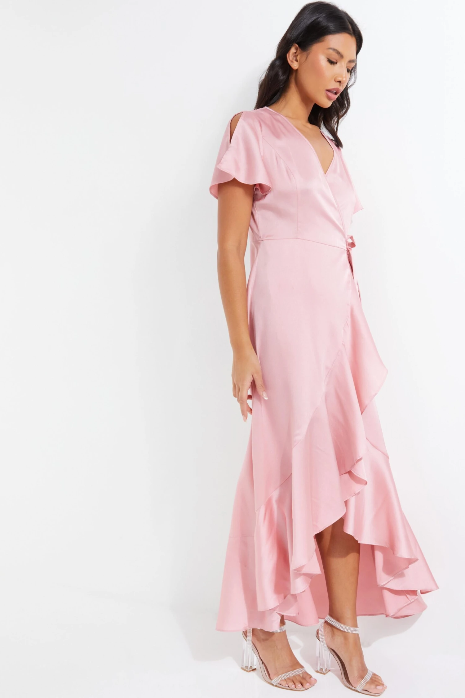 Pink Satin Wrap Maxi Dress 4 Pink Satin Wrap Maxi Dress - Image 4
