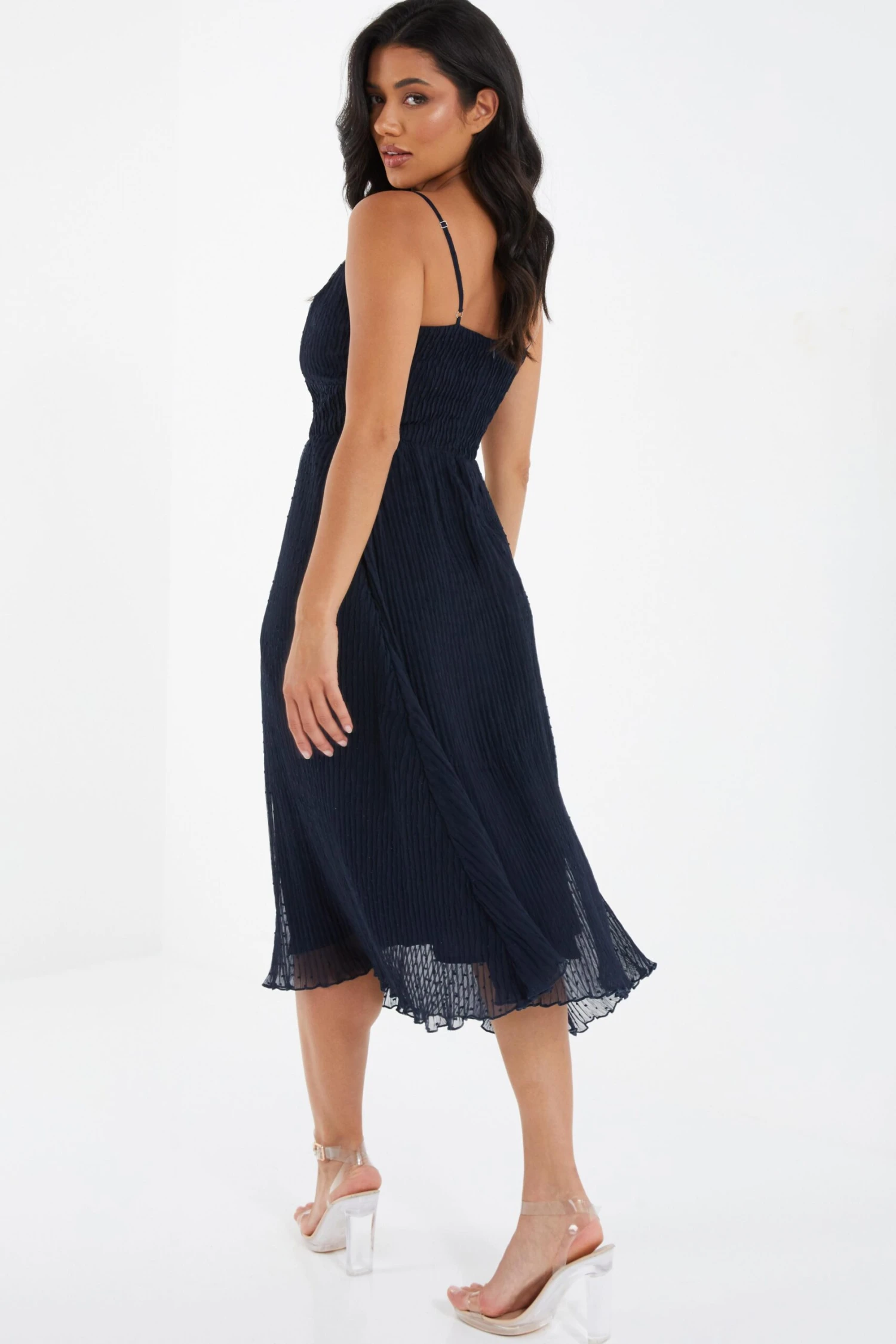 Navy Chiffon Crinkle Midi Dress 3 Navy Chiffon Crinkle Midi Dress - Image 3