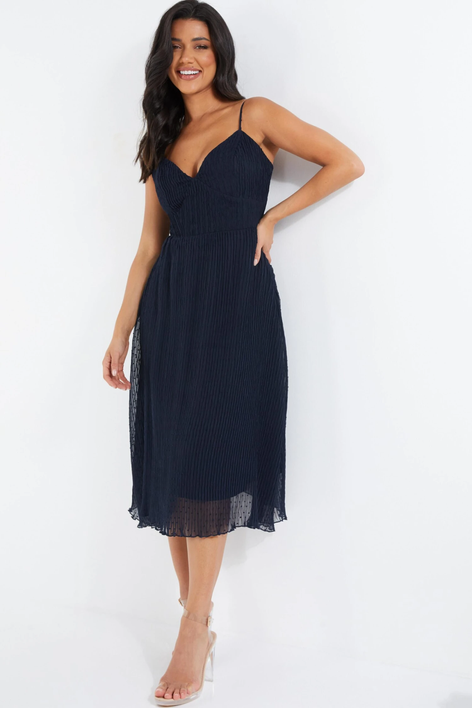 Navy Chiffon Crinkle Midi Dress 2 Navy Chiffon Crinkle Midi Dress - Image 2