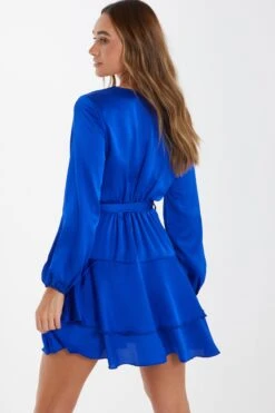 Blue Satin Wrap Mini Skater Dress -Glamourista 00100036162 XB