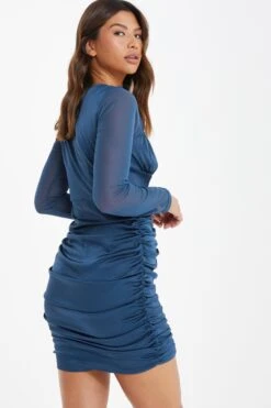 Blue Satin Ruched Mini Dress -Glamourista 00100036170 XB