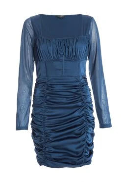 Blue Satin Ruched Mini Dress