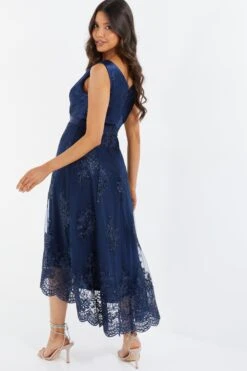 Navy Embroidered Dip Hem Dress -Glamourista 00100036183 XB