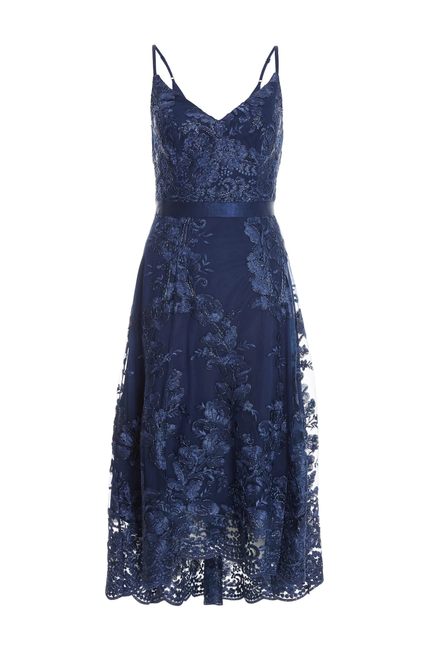 Navy Lace Dip Hem Strappy Midi Dress 1 Navy Lace Dip Hem Strappy Midi Dress