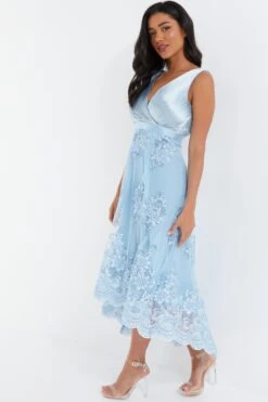 Blue Embroidered Dip Hem Dress -Glamourista 00100036187 XS