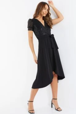 Black Sequin Wrap Dip Hem Midi Dress -Glamourista 00100036189 XS