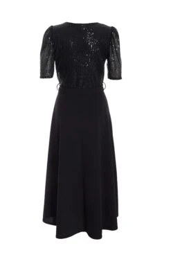Black Sequin Wrap Dip Hem Midi Dress -Glamourista 00100036189 ZB