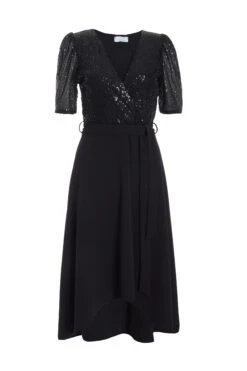 Black Sequin Wrap Dip Hem Midi Dress