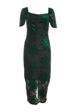 Bottle Green Velvet Floral Midi Dress