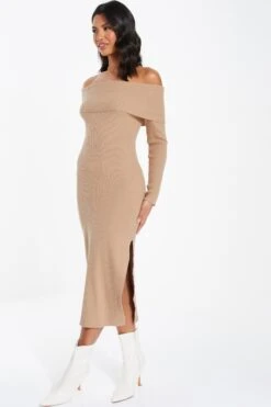 Camel Ribbed Knit Bodycon Midi Dress -Glamourista 00100036206 XS