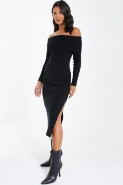 Black Ribbed Knit Bodycon Midi Dress -Glamourista 00100036207 XS