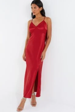 Red Satin Bow Midaxi Dress -Glamourista 00100036243 XB