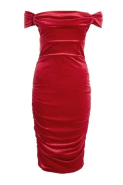 Red Velvet Bardot Midi Dress