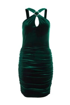 Petite Bottle Green Velvet Diamante Halter Neck Dress