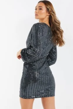 Black Sequin Ruched Bodycon Mini Dress -Glamourista 00100036283 XB