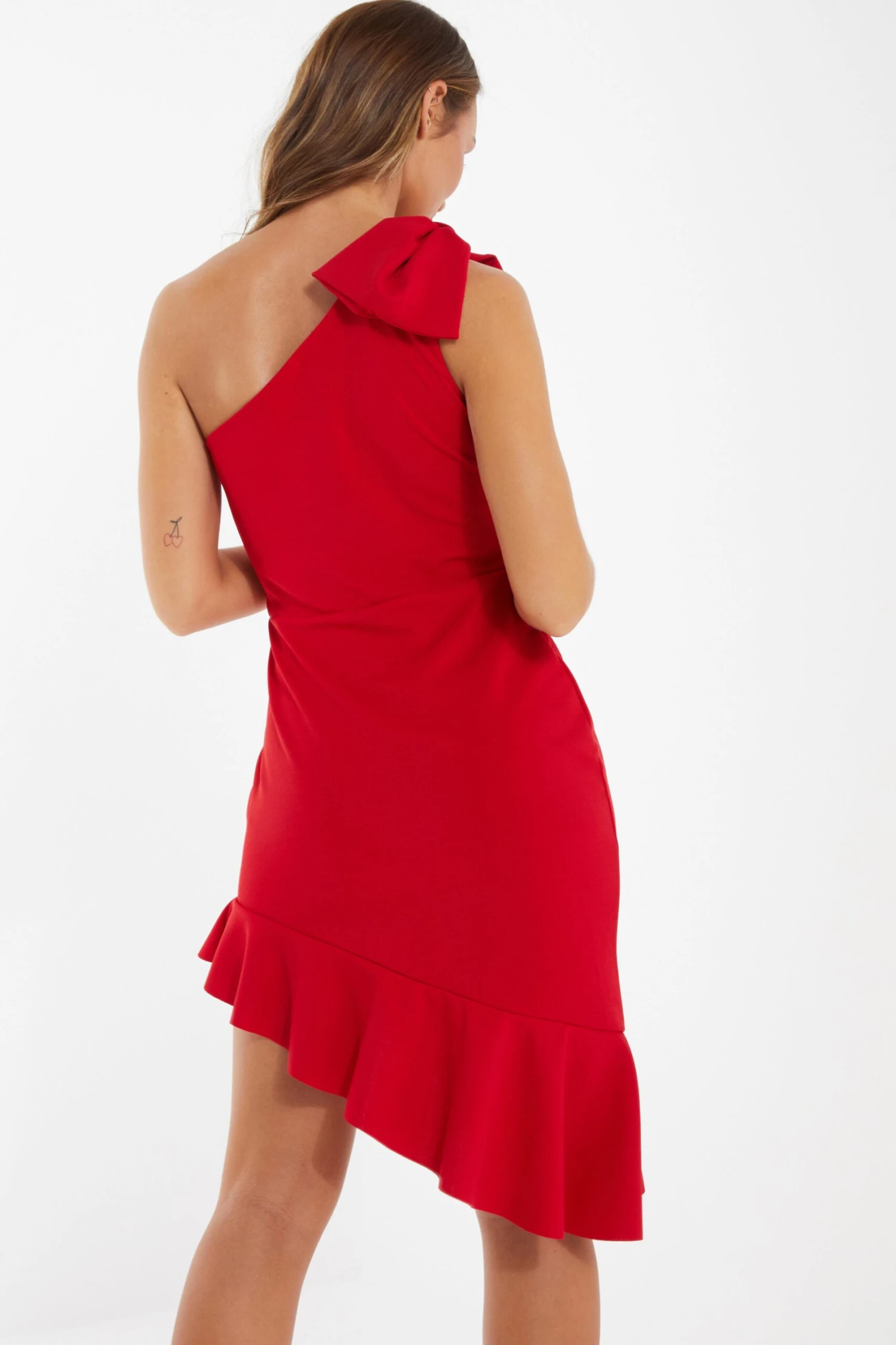 Red One Shoulder Bow Midi Dress 3 Red One Shoulder Bow Midi Dress - Image 3