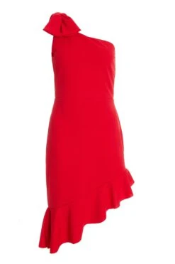 Red One Shoulder Bow Midi Dress