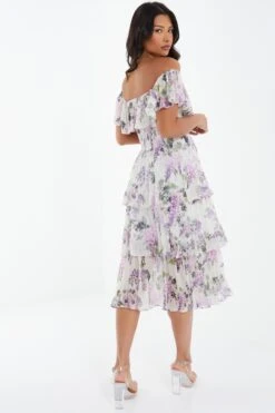 White Chiffon Floral Bardot Midi Dress -Glamourista 00100036289 XB