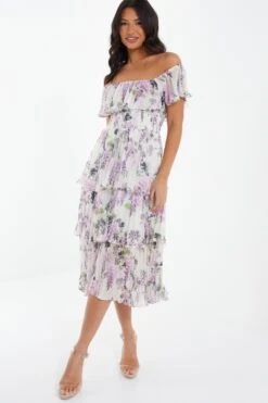 White Chiffon Floral Bardot Midi Dress -Glamourista 00100036289 XS
