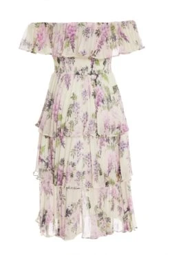 White Chiffon Floral Bardot Midi Dress -Glamourista 00100036289 ZB